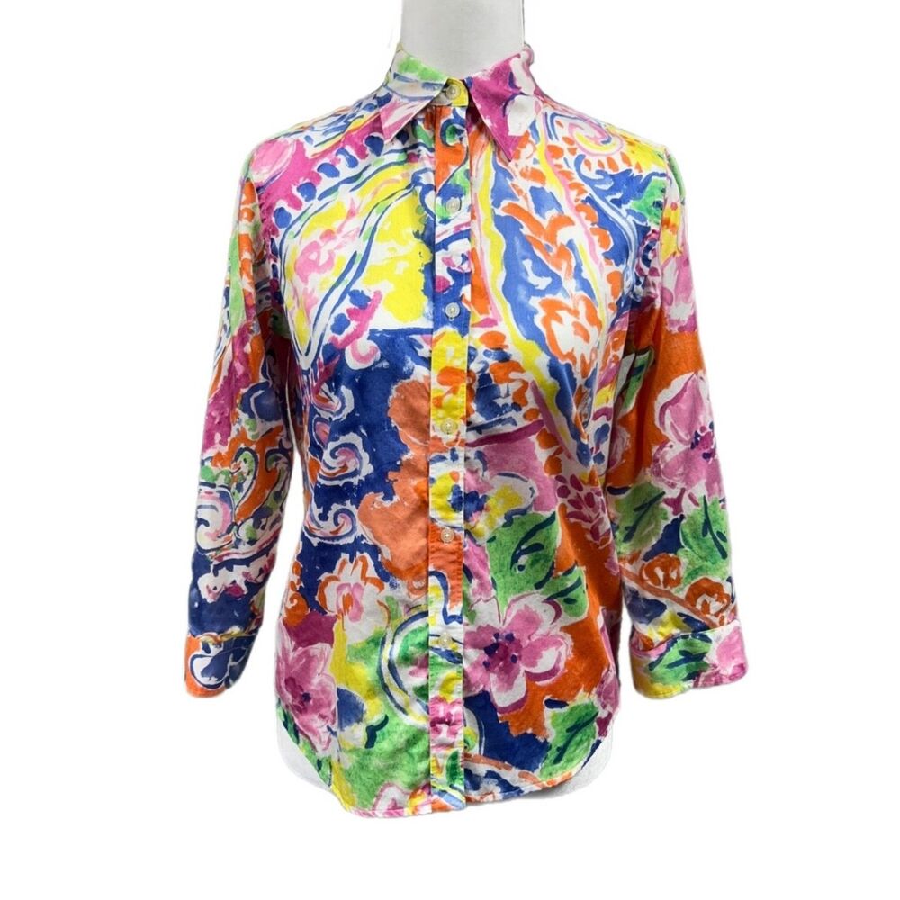 Lauren Ralph Lauren Multicolor Watercolor Print Button Up 3/4 Sleeve Shirt Sz PS